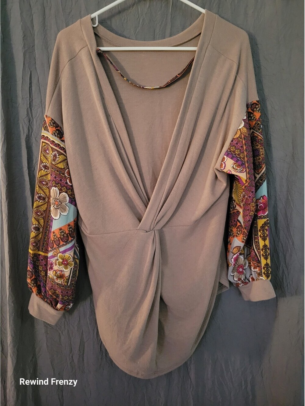ADORA beige knit faux wrap top with multicolor floral sleeves Size Small Boho